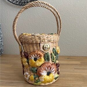 Floral Embroidered Woven Basket Bag